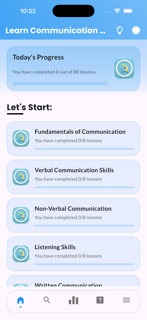 Dashboard do aplicativo Learn Communication Skills mostrando rastreamento de progresso e módulos para habilidades verbais, não verbais e de escuta.