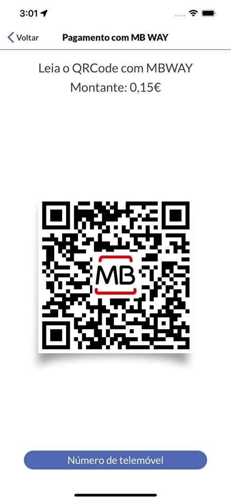 A mobile app screen displaying a QR code for an MB WAY payment of 0.15 euros