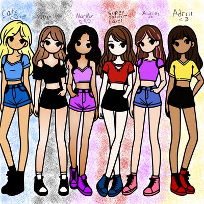 a group of girls wearing crop tops and shorts