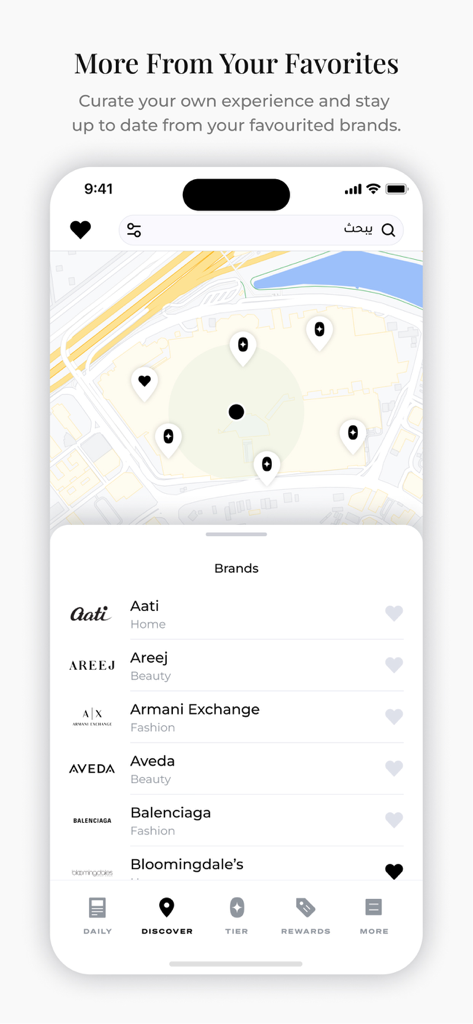Amber - Amber app Discover screen featuring a store locator map and a list of premium brands like Balenciaga and Armani Exchange