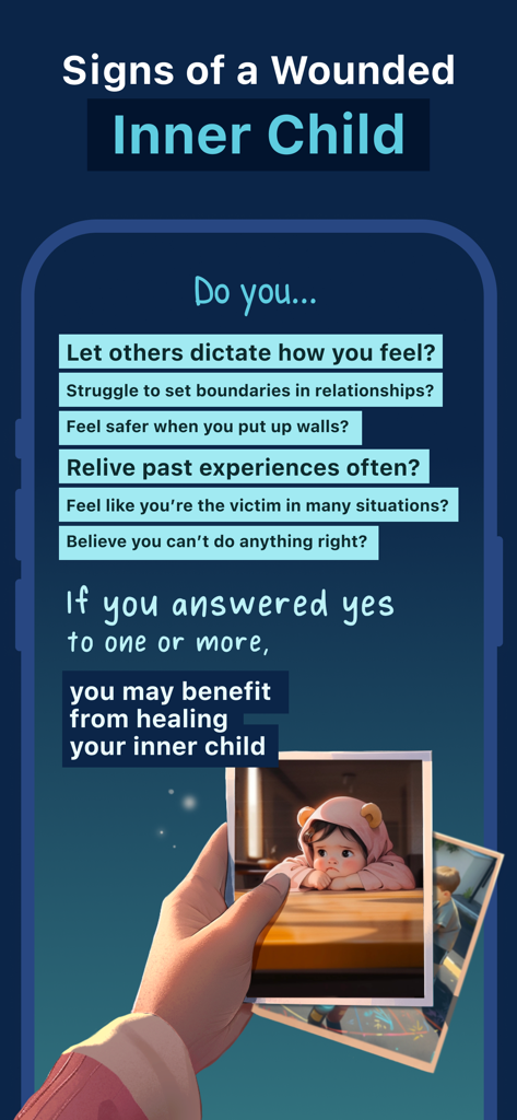 Lumiere: Anxiety & Stress Aid - Lumiere app screen listing signs of a wounded inner child with a list of behavioral questions and a symbolic illustration.
