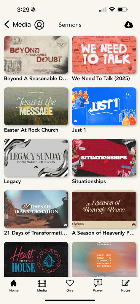 Church App - Tithe.ly - Screenshot of the Tithely church app media library showing a grid of sermon series and video categories