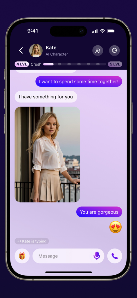Mobile screen showing a chat conversation with an AI character named Kate in the ChaChat app