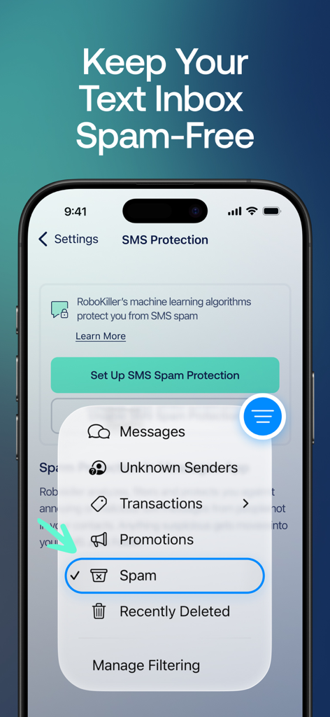 Interface of Robokiller app highlighting SMS spam protection and message filtering options