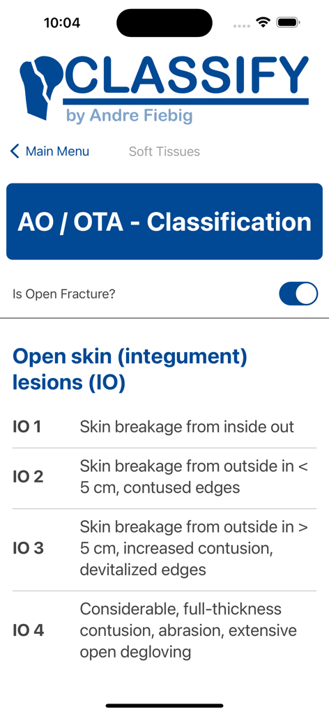 Classify - FractureCode - Mobile app screen displaying AO OTA classification criteria for open skin integument lesions