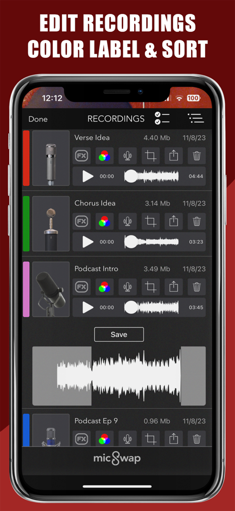 MicSwap Pro:  Microphone Sound - Interfaz de la aplicación MicSwap Pro que muestra una lista de grabaciones de audio con etiquetas de color y herramientas de edición