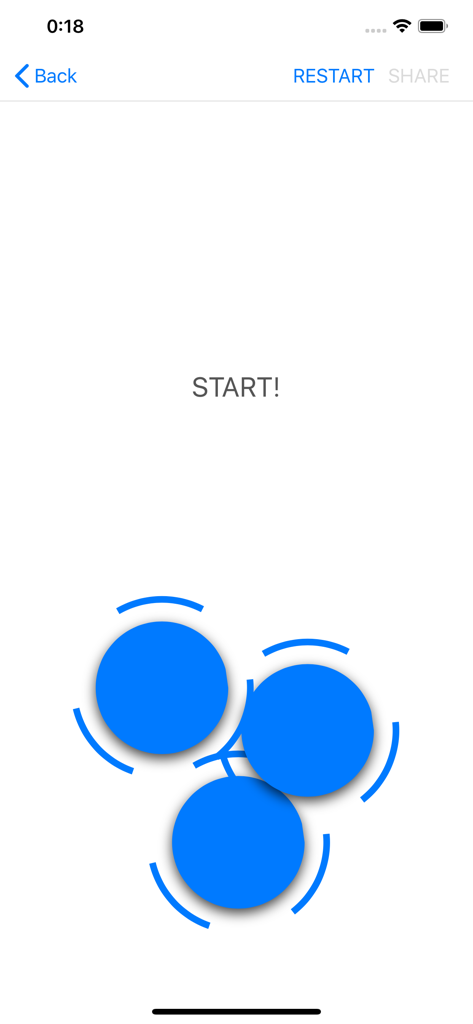 Start screen of the reaction time trainer app featuring three blue circular targets and the text START