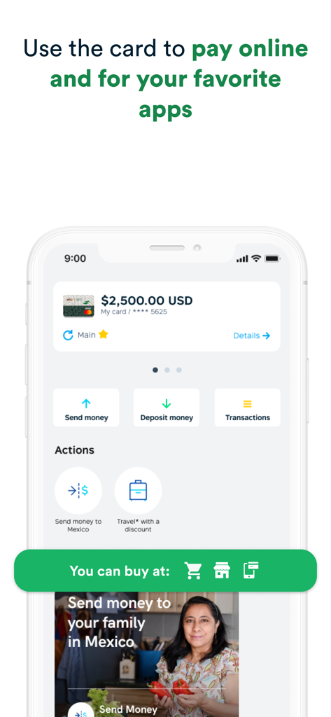 Financiera para el Bienestar - 멕시코로 송금하고 카드 결제를 관리하기 위한 Financiera para el Bienestar 앱 인터페이스
