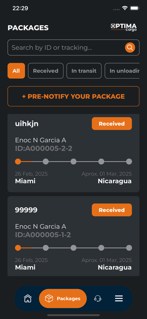 Package tracking screen in Optima Cargo app showing shipments from Miami to Nicaragua.