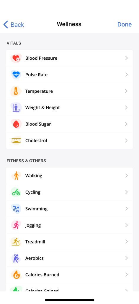 Charm mPHR - Charm mPHR wellness screen displaying vitals and fitness tracking options