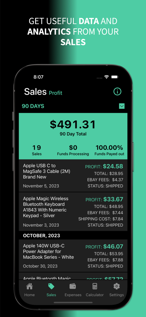 Mobile app screen showing eBay sales and profit data for electronics
