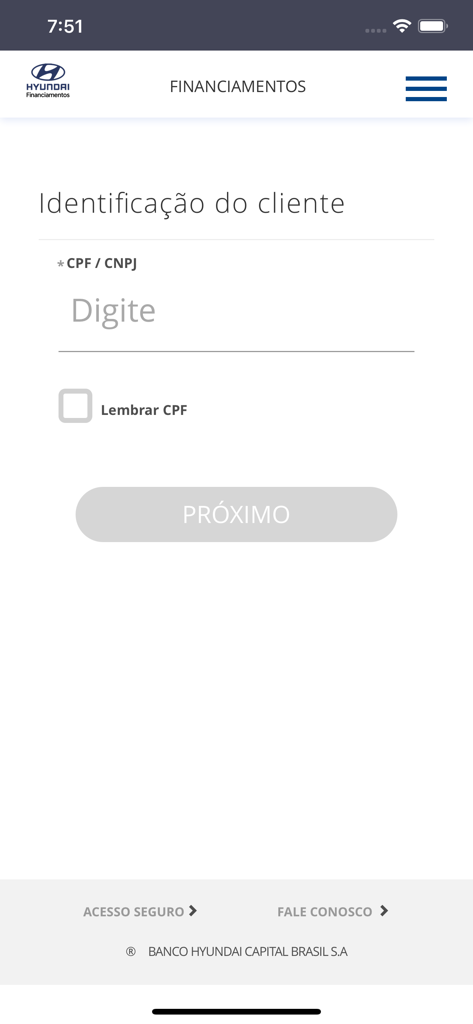 Hyundai Financiamentos - Tela de login do aplicativo Hyundai Financiamentos para identificação do cliente usando CPF ou CNPJ.