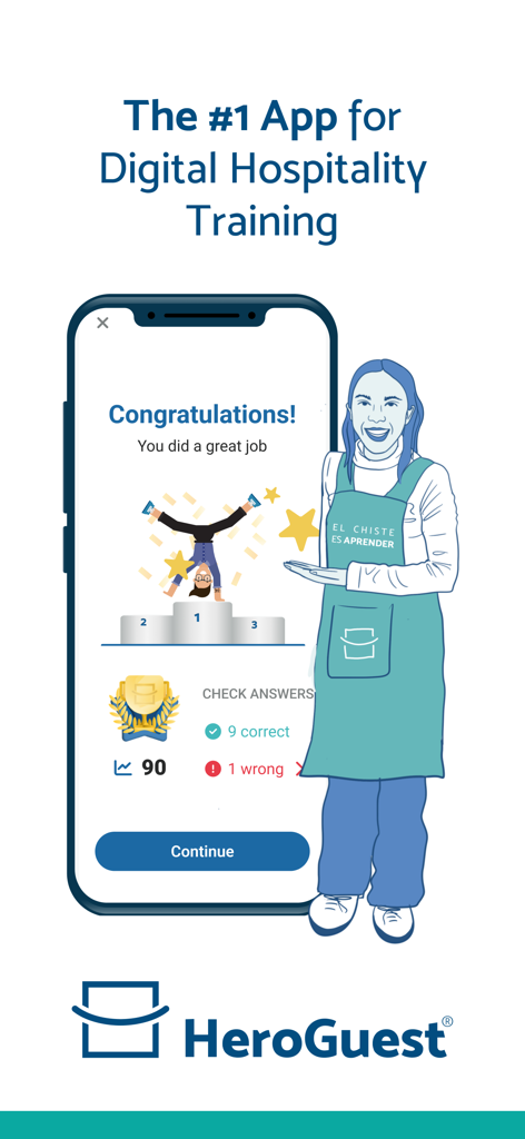 Pantalla de felicitación de la aplicación Hero Guest mostrando una puntuación de 90 y resultados de cuestionario para formación en hostelería.