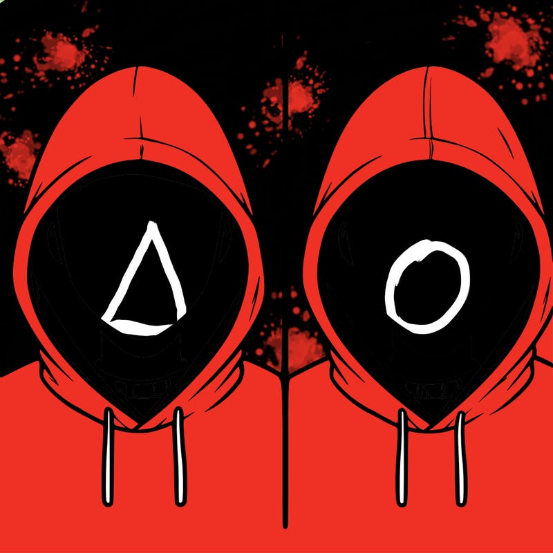 a person with a hoodie and no face, the drawing is split in 2