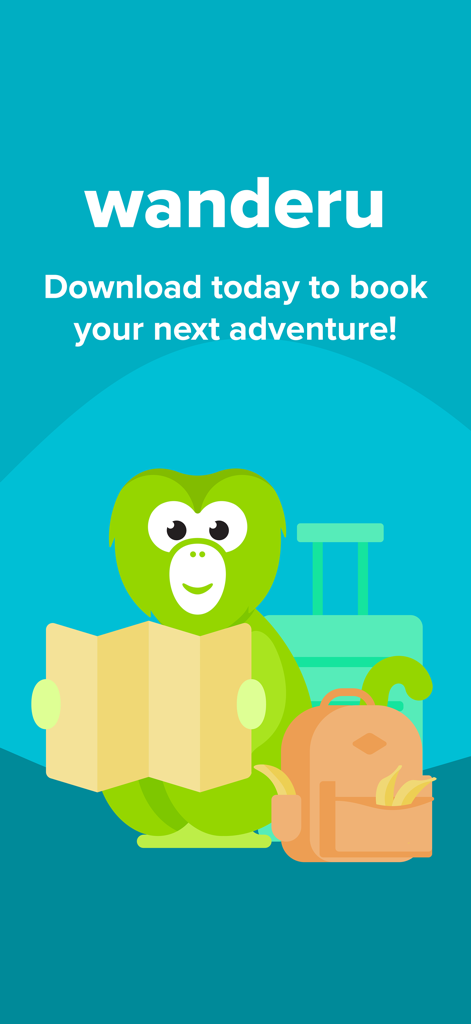 Wanderu: Bus & Train Tickets - Wanderu app illustration with a green monkey mascot holding a map and travel bags