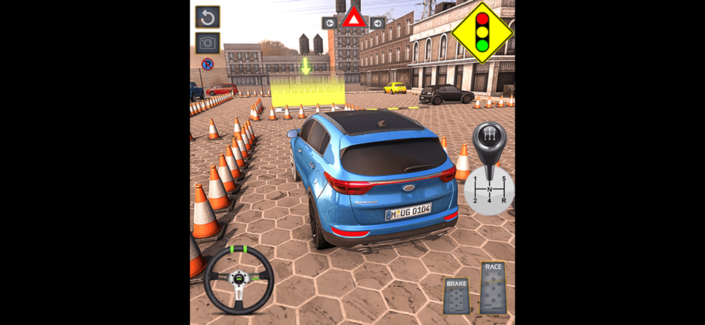 Car Games : Car Dr Parking - 3D gameplay showing a blue car parking between orange cones with on-screen steering and pedals