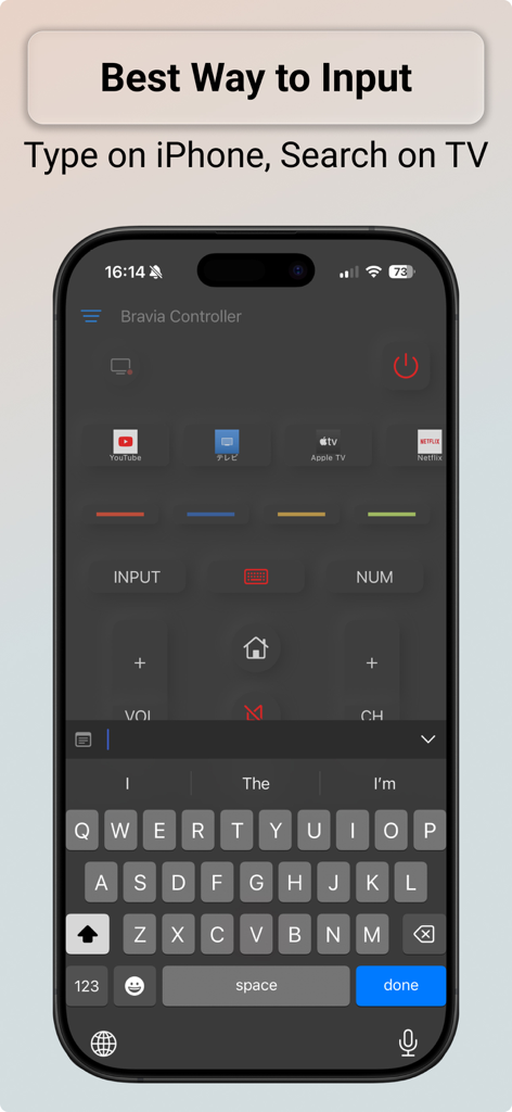 Bravia Controller - Sony TV - Bravia Controller app showing the iPhone keyboard interface for typing and searching on a Sony TV