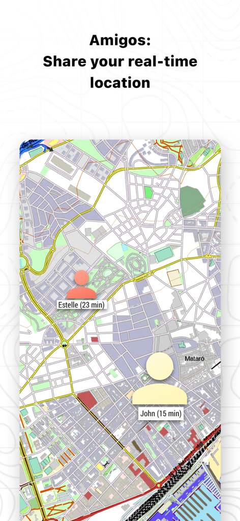 TwoNav 6: Routes and Maps - TwoNav 6 app screenshot showing the Amigos feature with real-time location sharing of friends on a map
