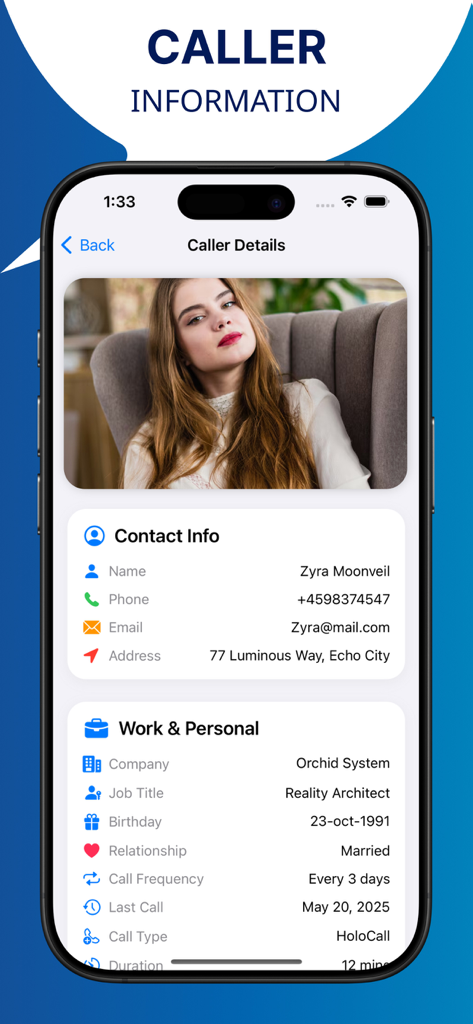 Caller ID Phone + - 프로필 사진과 전문 정보가 표시된 Caller ID Phone 플러스 앱의 상세 연락처 정보 화면