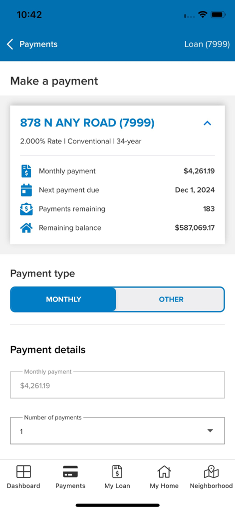 MortgageQuestions - MortgageQuestions app make a payment screen displaying loan details and monthly amount