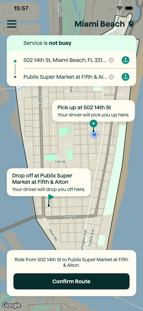 Ride Circuit app interface showing a map of Miami Beach with a shuttle route selection