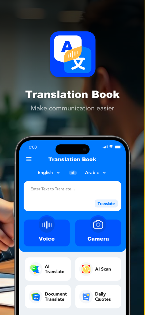 Translation Book:AI Translator - Écran d'accueil de l'application Translation Book AI Translator présentant les outils de traduction vocale, caméra et document