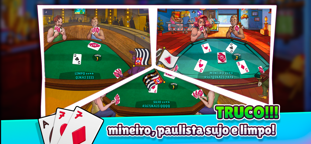 Gameplay screenshots of Truco Arena showing different regional game modes including mineiro and paulista