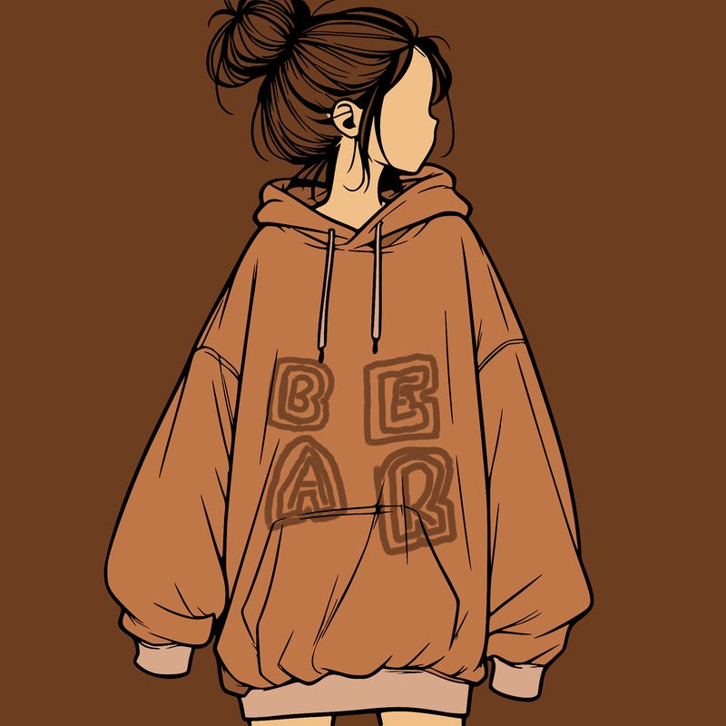 realistic girl with a oversized sweatshirt on and a bun