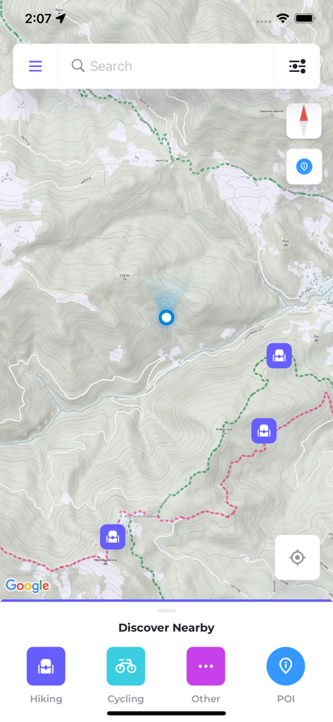 Monolit2Go - Monolit2Go mobile app showing a detailed topographic map with hiking and cycling trails and points of interest