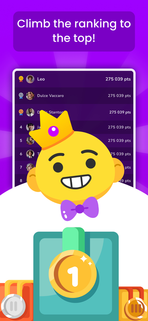 Quizit - Trivia and Knowledge - Leaderboard screen of the Quizit trivia app showing player rankings and a winner podium.