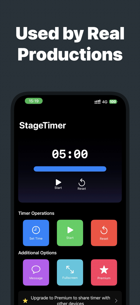 Stage Timer - Professionelle Stage Timer App-Oberfläche mit einem Fünf-Minuten-Countdown und Produktions-Steuerungstasten