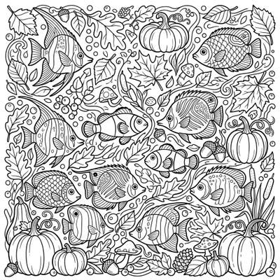Dive into a uniquely whimsical scene where colorful tropical fish meet the cozy vibes of autumn. This intricate coloring page features a delightful blend of playful fish, falling leaves, and pumpkins for a truly immersive creative experience.