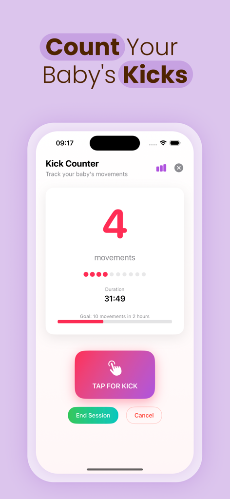 Track My Pregnancy Due Date AI - Screen showing a baby kick counter with four movements tracked