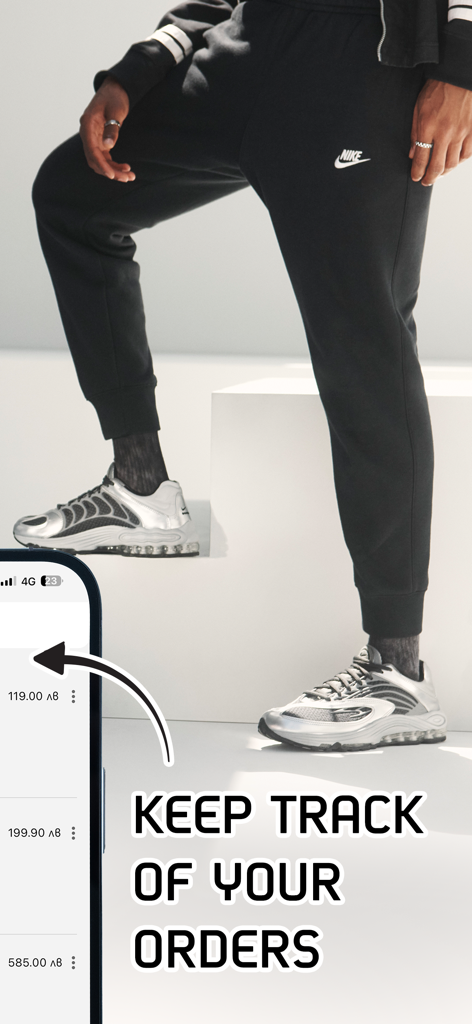 Interface de l'application Sport Depot pour le suivi des commandes avec une personne portant des vêtements de sport Nike