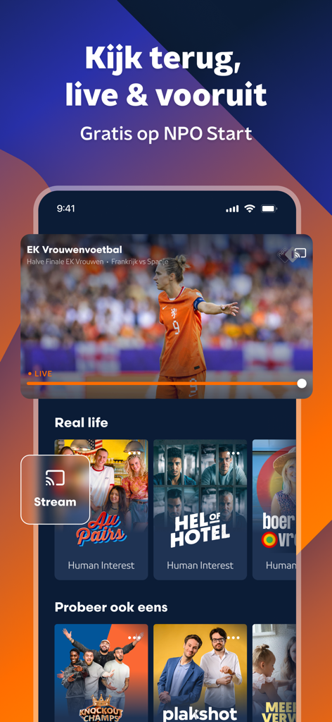Interfaz de la aplicación NPO Start que muestra categorías de fútbol y series holandesas en vivo