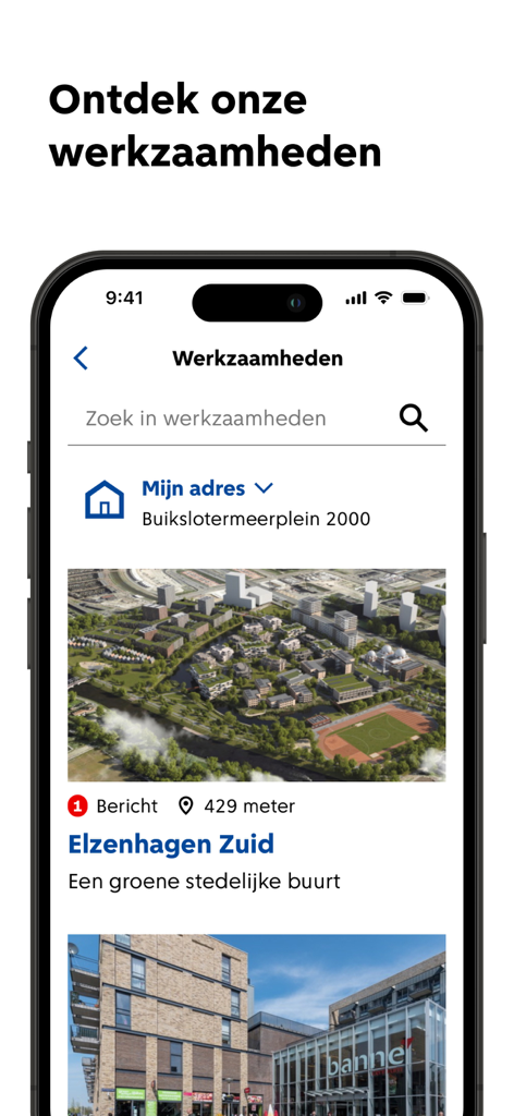 De Amsterdam App screen showing local construction and urban development projects near the user address