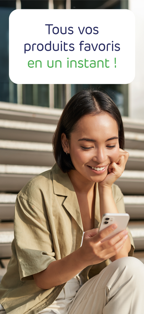 A woman smiling while browsing health and beauty products on the Newpharma app