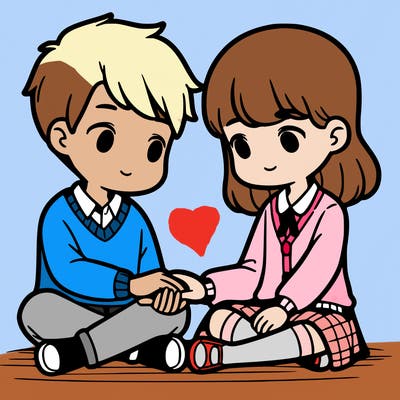 a boy sitting next to a girl holding her hand, looking down at her she’s looking up at him