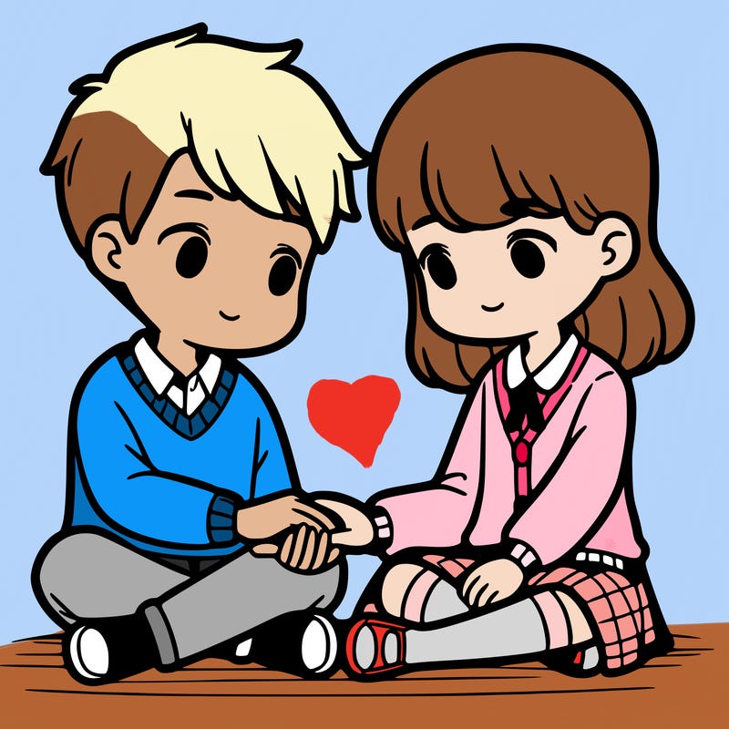 a boy sitting next to a girl holding her hand, looking down at her she’s looking up at him