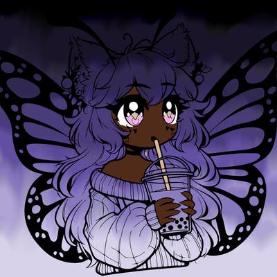 a realistic butterfly/furry girl drinking boba