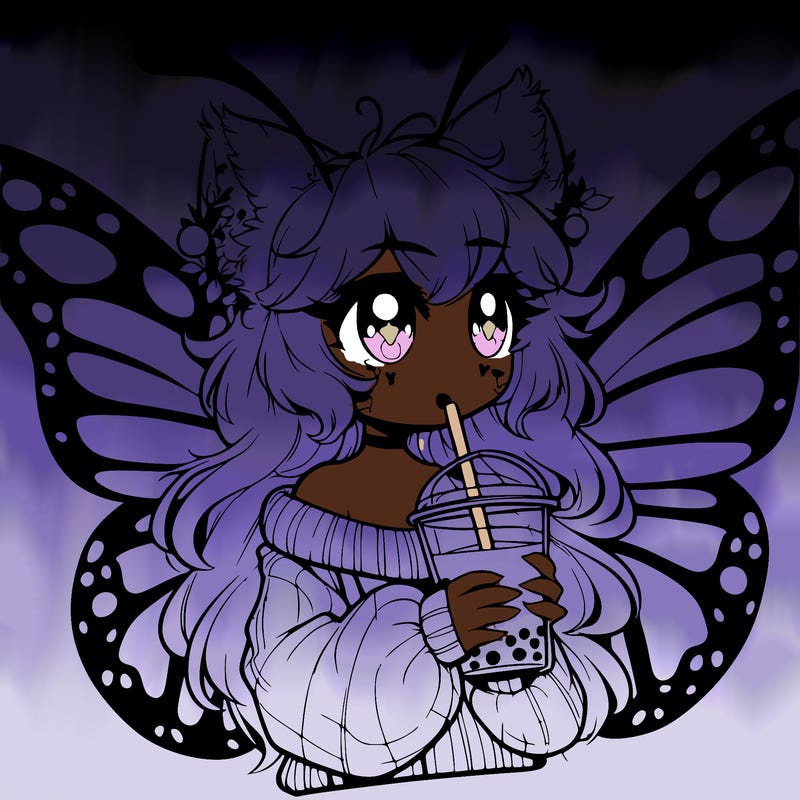 a realistic butterfly/furry girl drinking boba
