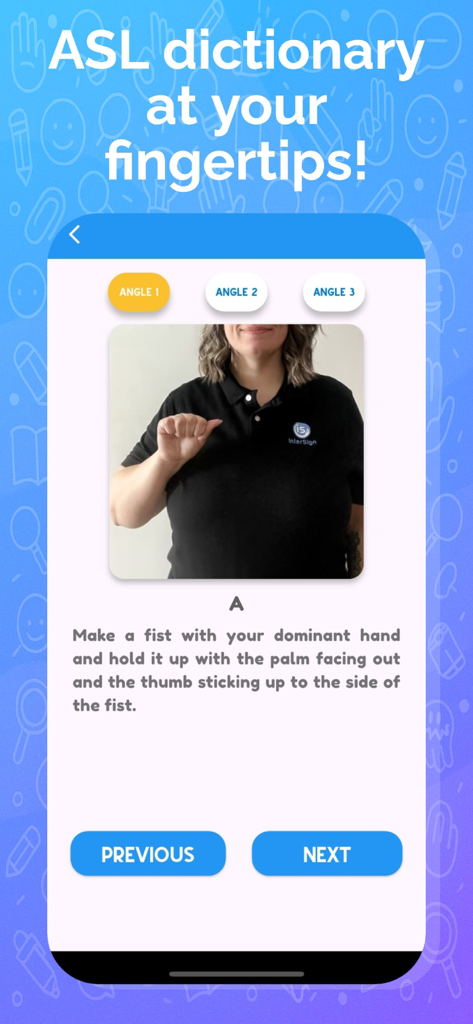 A screenshot of the InterSign ASL app displaying the dictionary feature with a visual guide and instructions for the letter A.