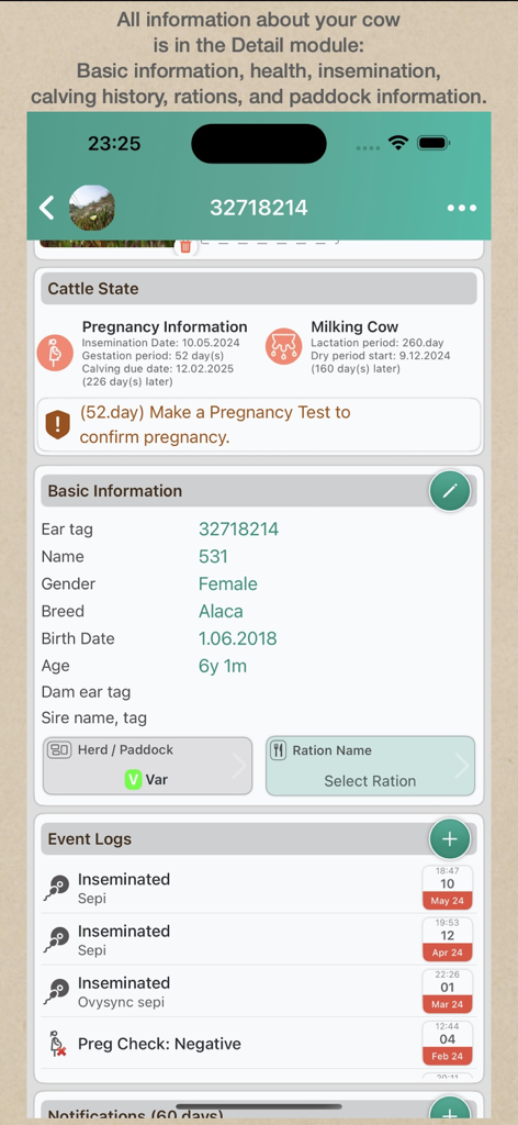CowMaster- Herd Management App - Detaillierter Viehdatensatz-Bildschirm in der CowMaster-App mit Gesundheits- und Zuchtinformationen