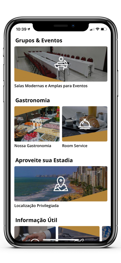 Nacional Inn Hotéis - 이벤트, 미식, 룸서비스 및 호텔 위치 섹션을 보여주는 Nacional Inn Hoteis 앱의 인터페이스