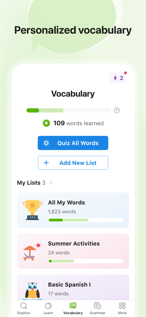 SpanishDictionary.com Learning - Personalized vocabulary dashboard in the SpanishDictionary app showing word lists and learning progress.
