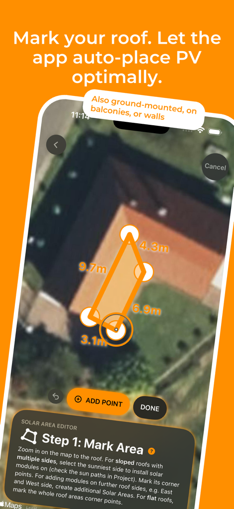 Interface do aplicativo Solartelligent mostrando um usuário marcando uma área do telhado para painéis solares em um mapa de satélite