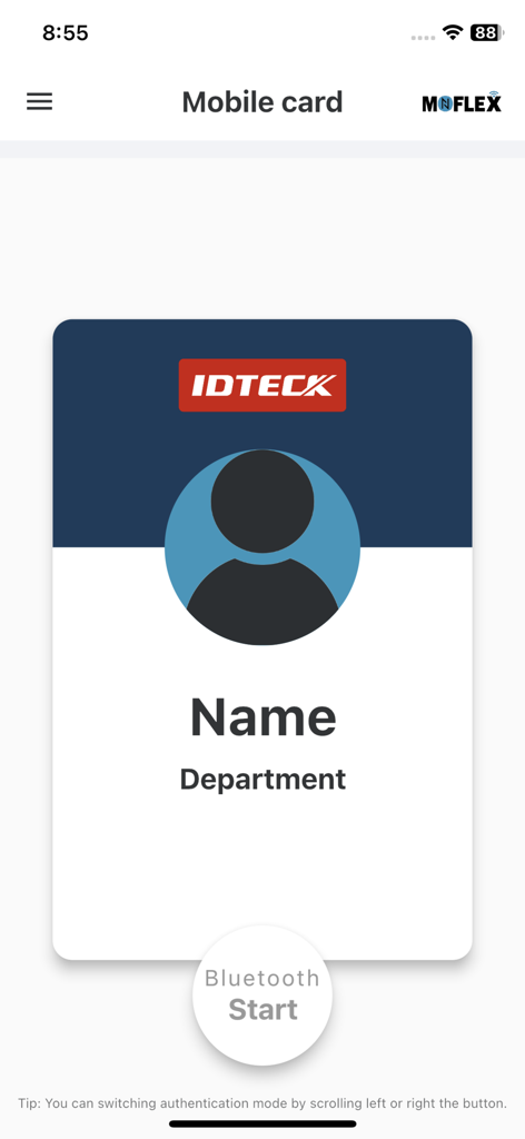 Moflex - Digital mobile access card interface in the Moflex app showing an ID badge and a Bluetooth start button.