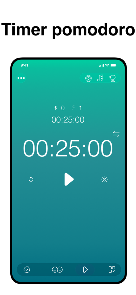 Loop Habits Tracker - Interfaz del temporizador Pomodoro en la aplicación HabitDo que muestra una cuenta regresiva de 25 minutos para sesiones de concentración.