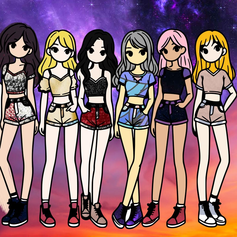 a group of girls wearing crop tops and shorts