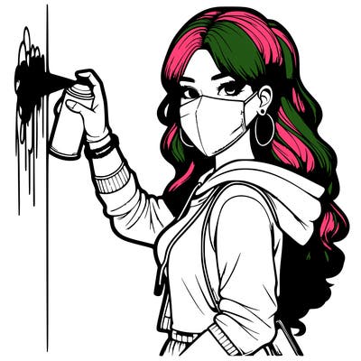 realistic girl with mask spray painting a wall